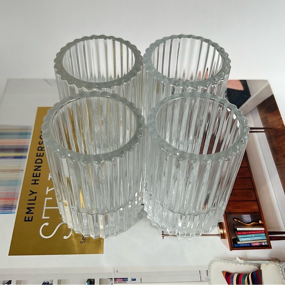 Ribbed Glass Candle Holder Set of 4 Clear Heavy Chic Holiday Home Decor - Picture 3 of 14